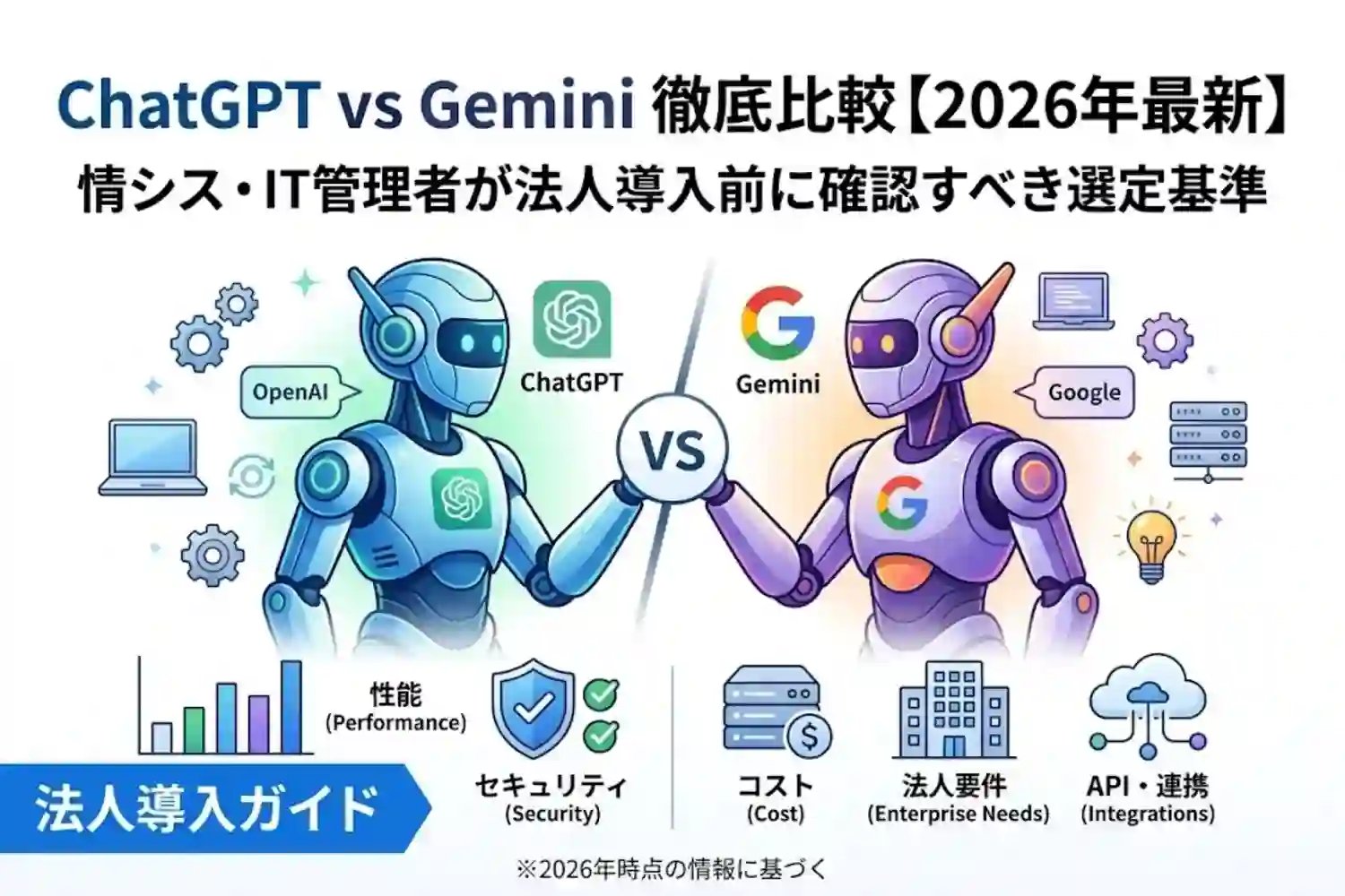 ChatGPT vs Gemini 徹底比較【2026年最新】情シス・IT管理者が法人導入前に確認すべき選定基準