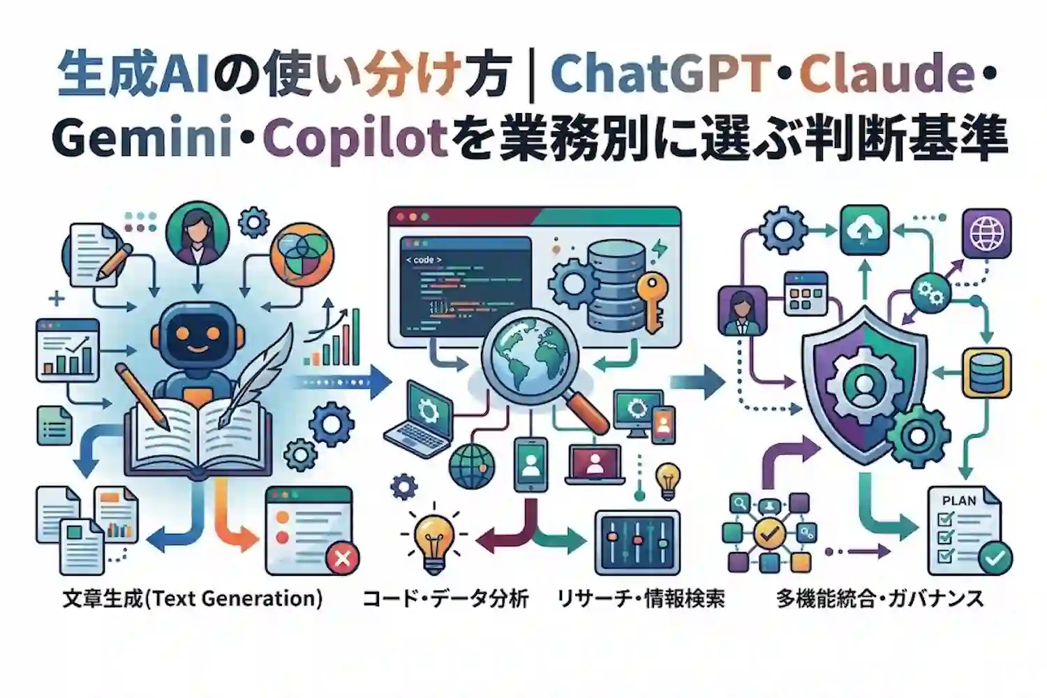 生成AIの使い分け方｜ChatGPT・Claude・Gemini・Copilotを業務別に選ぶ判断基準