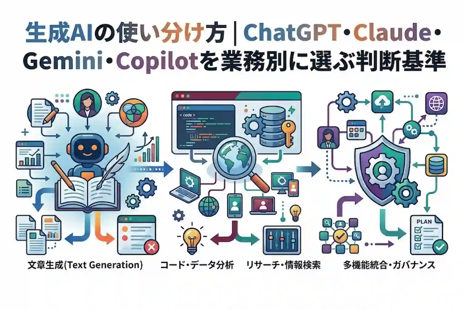 生成AIの使い分け方｜ChatGPT・Claude・Gemini・Copilotを業務別に選ぶ判断基準