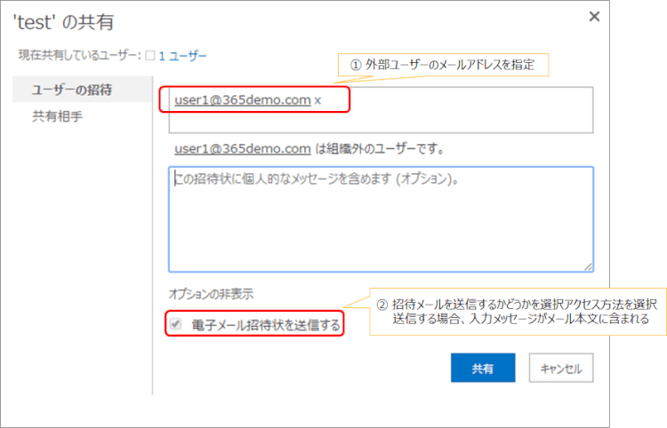 部ユーザーのメールアドレス、共有方法、招待メールを送信 部ユーザーのメールアドレス、共有方法、招待メールを送信